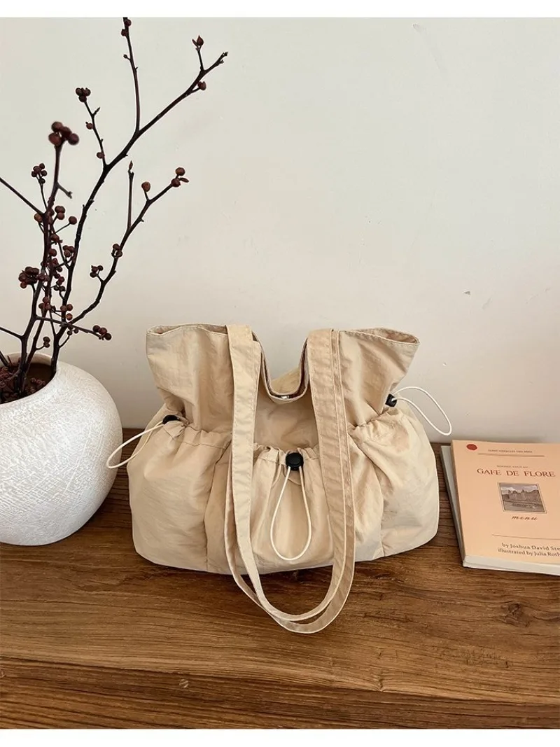 CEEKAY Solid Wrinkle Tragetasche mit Kordelzug, seitlicher elastischer Verschluss, breiter Stoffriemen, für Damen, Alltag, Schule, große lässige Schultertasche – Detail 29
