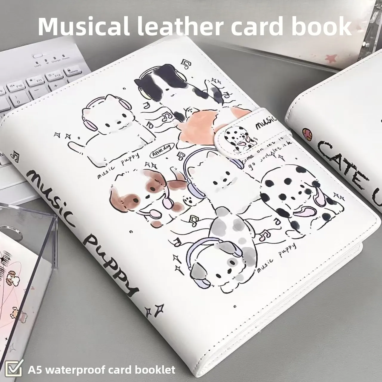 Music Cat Card Album Magnetic Closure A5 Four Grid Loose Leaf 3 Inch 5 Inch Laminated Niche Leather Storage Journal Stylish