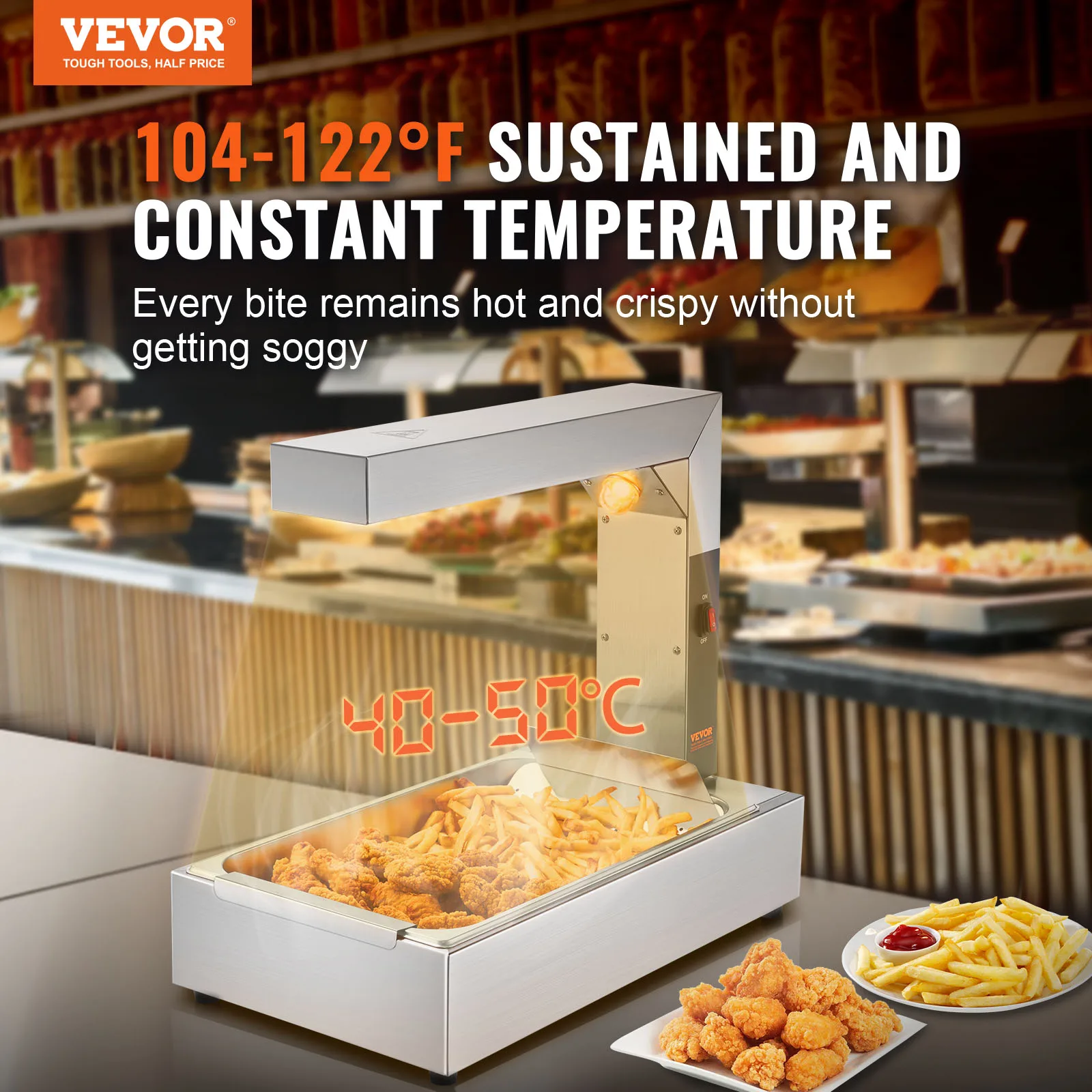 VEVOR French Fry Food Warmer, 750W Commercial Food Heating Lamp, Electric Stainless Steel Warming Light Dump Station, for Buffet