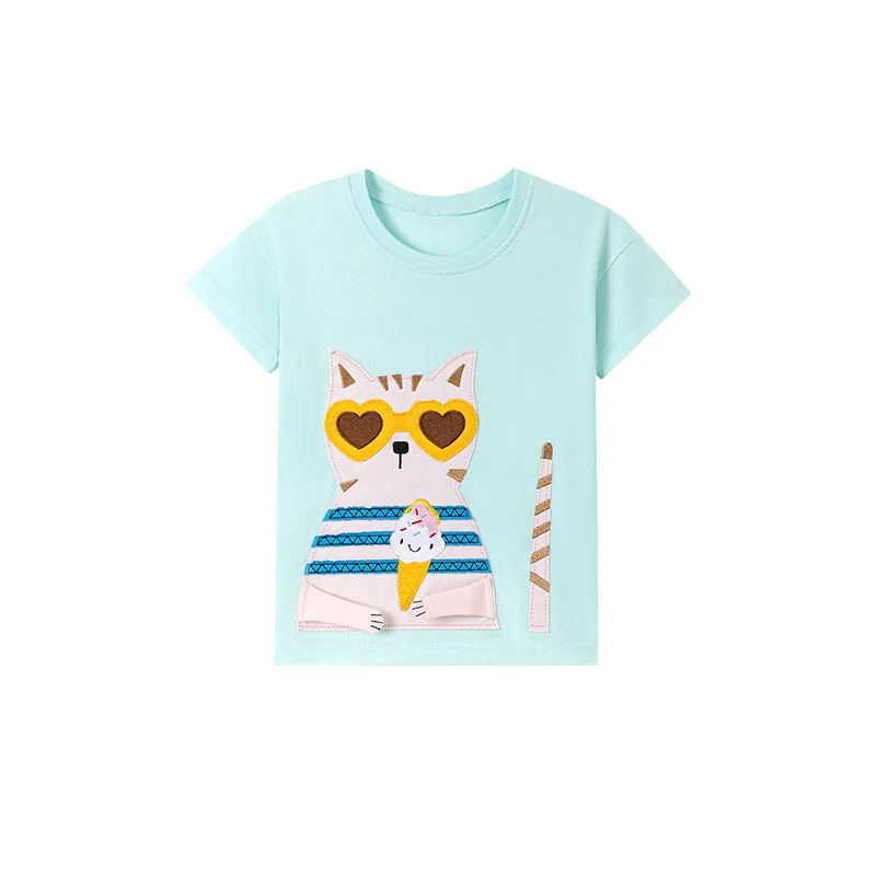 

Girls' T-shirt Promotion 2025 New Short sleeved Children's Clothing Knitted Pure Cotton Cute True Cat Children's T-shirt