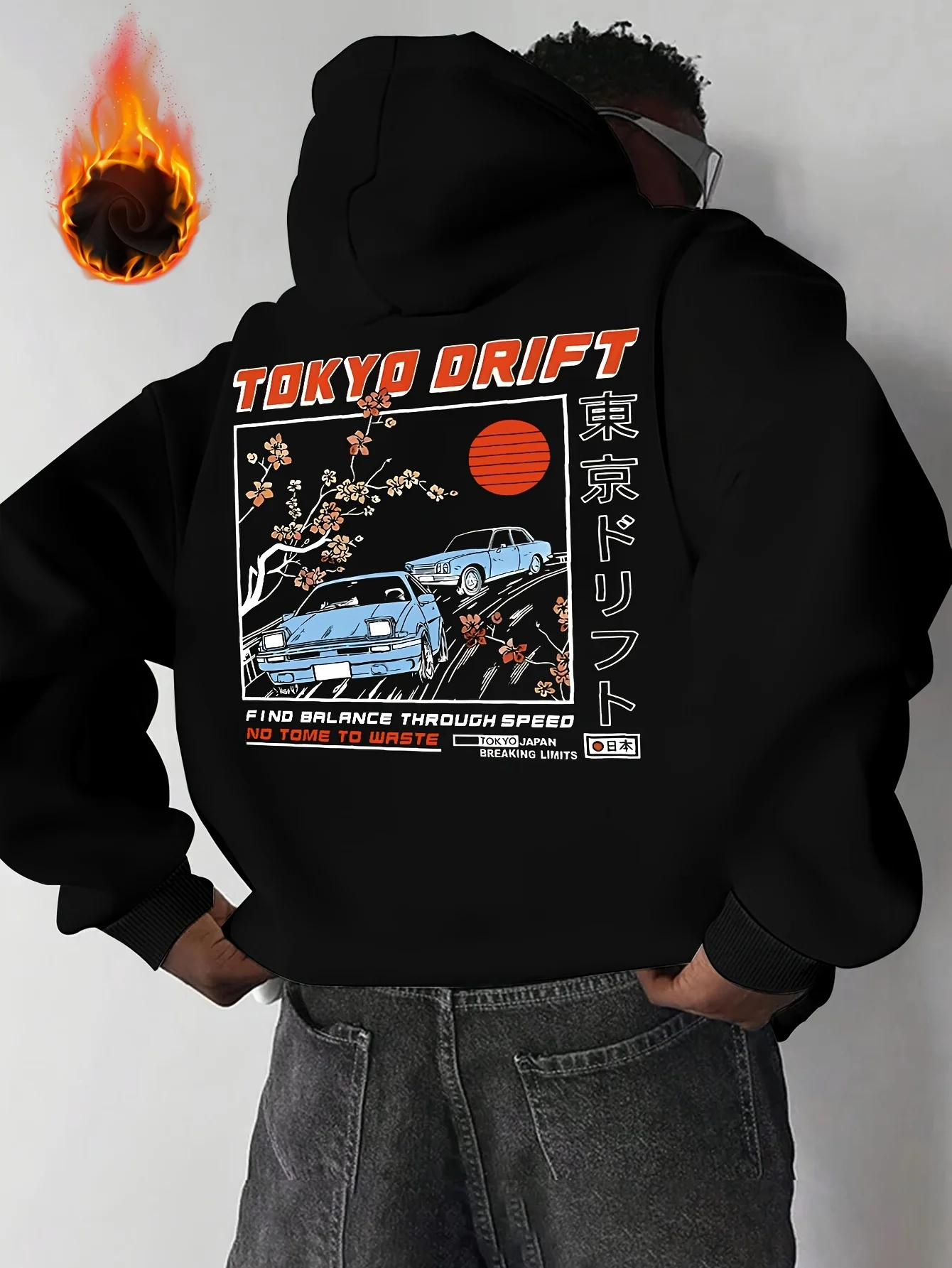 Men's Autumn-Winter Tokyo Drifting Speed Balance Print Hooded Fleece Jacket, Versatile Sporty Casual Loose Hooded Jacket