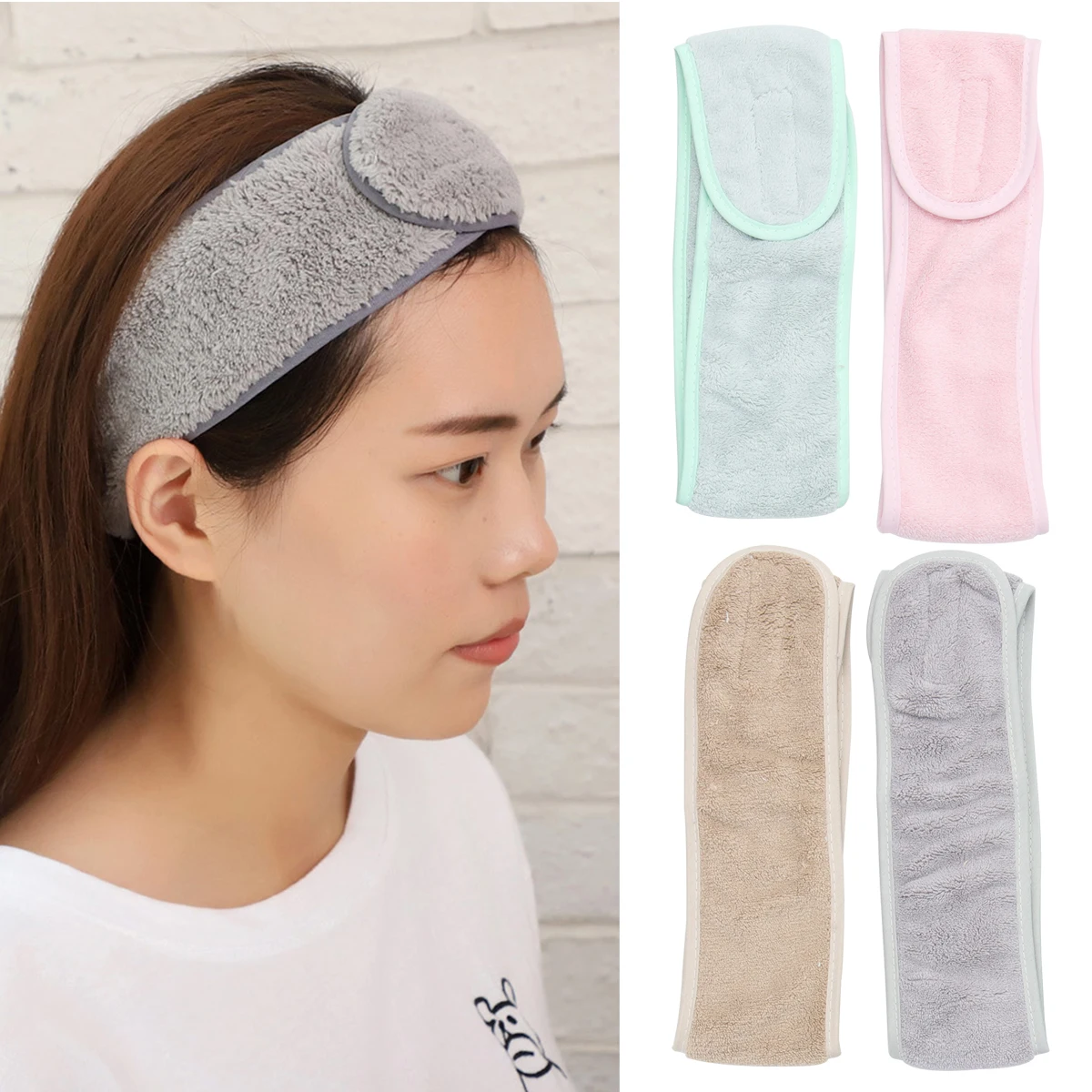 4 قطع من عصابات الشعر المتينة القابلة للتعديل، شريط لاصق ذاتي لمكياج اليوجا وغسل الوجه باللون الأخضر النعناعي والوردي والرمادي الجمل #2