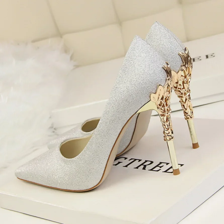 BIGTREE Women Shoes Spring Women Pumps Sequin Wedding Shoes Stilettos Metal Decoration  Heels Large Size 43