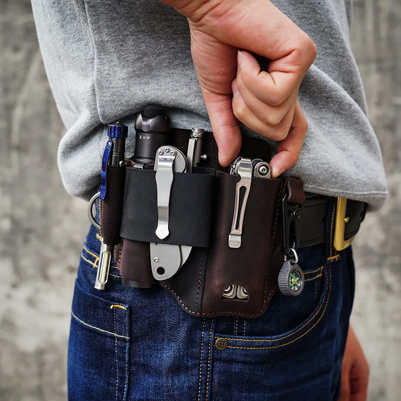 New Cow Leather men's outdoor tool waist bag camping flashlight steel knife leather cover Packaging