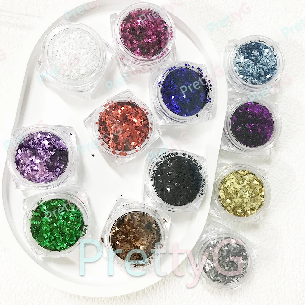 PrettyG 12 Colors Set 1MM Ultra-thin Star Holographic Shape Colorful Glitter Gel Nail Art Decoration Handwork DIY Accessories