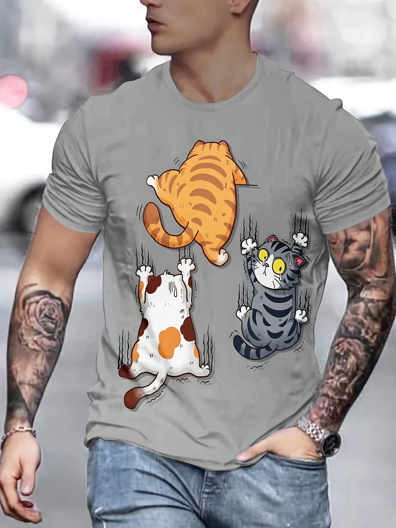 

Men's Cats Graphic Print T-shirt, Short Sleeve Crew Neck Tee, Men's Clothing For Summer Outdoor