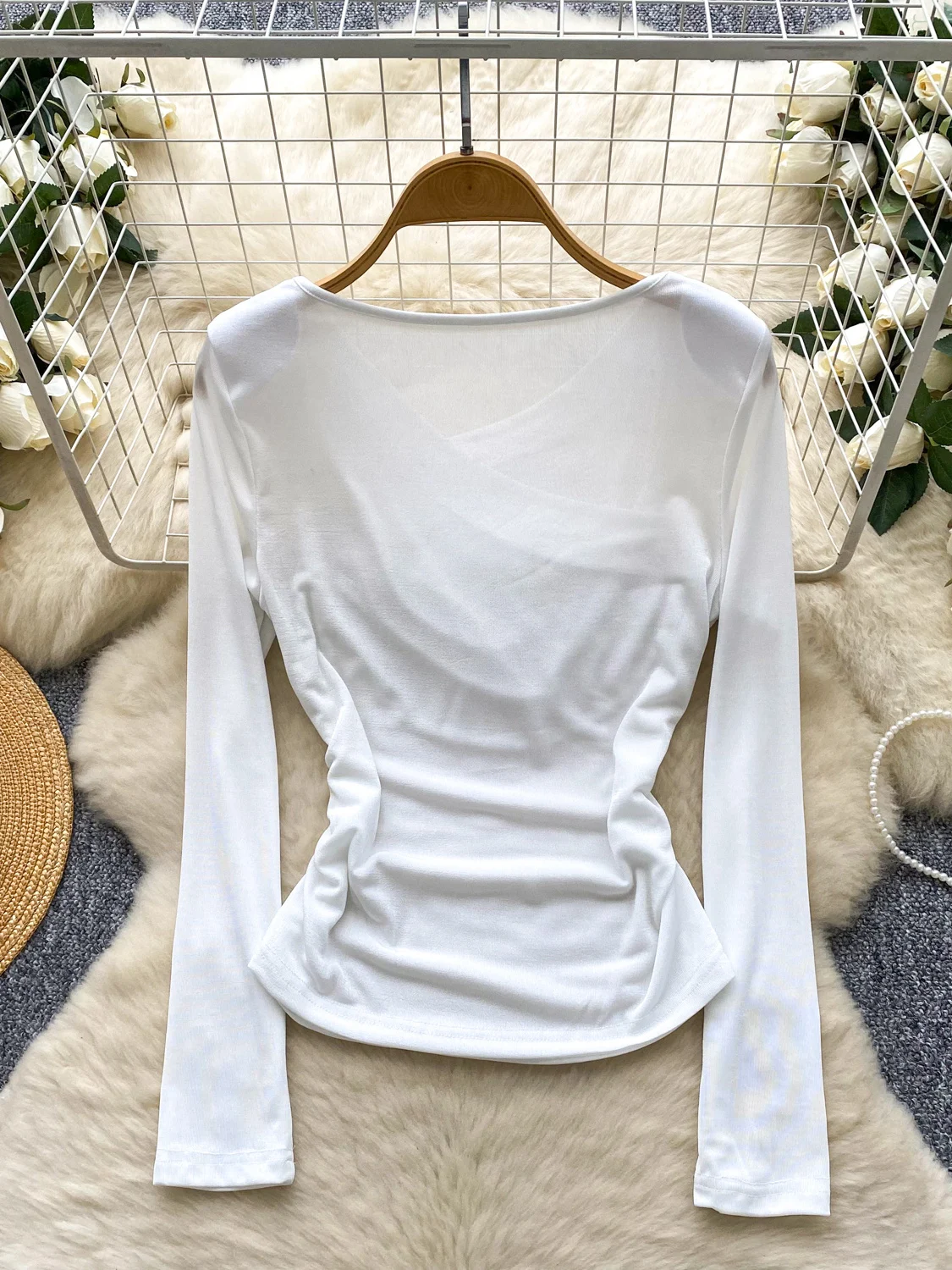 Cseta Sexy de Manga Longa com Decote em V Cruzado para Mulheres, Ajuste Slim, Cintura Ajustada, Top Faionável, Estilo Ca...