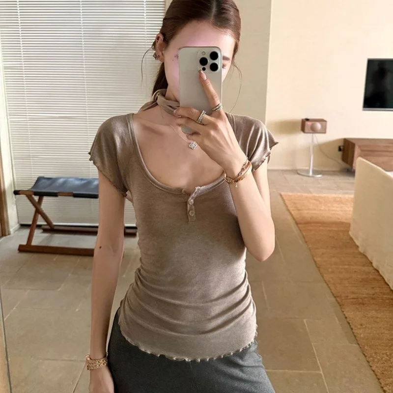 Women Solid Big U Neck T Shirt Women Summer Simple Skin-Friendly Lightweight Flutter Sleeve Soft Basic Style Korean Daily Top