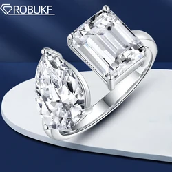 Luxury 6cttw Moissanite Rings For Women D Color Emerald Pear Cut Diamond 925 Sterling Silver Two-stone Open Ring Wedding Jewelry