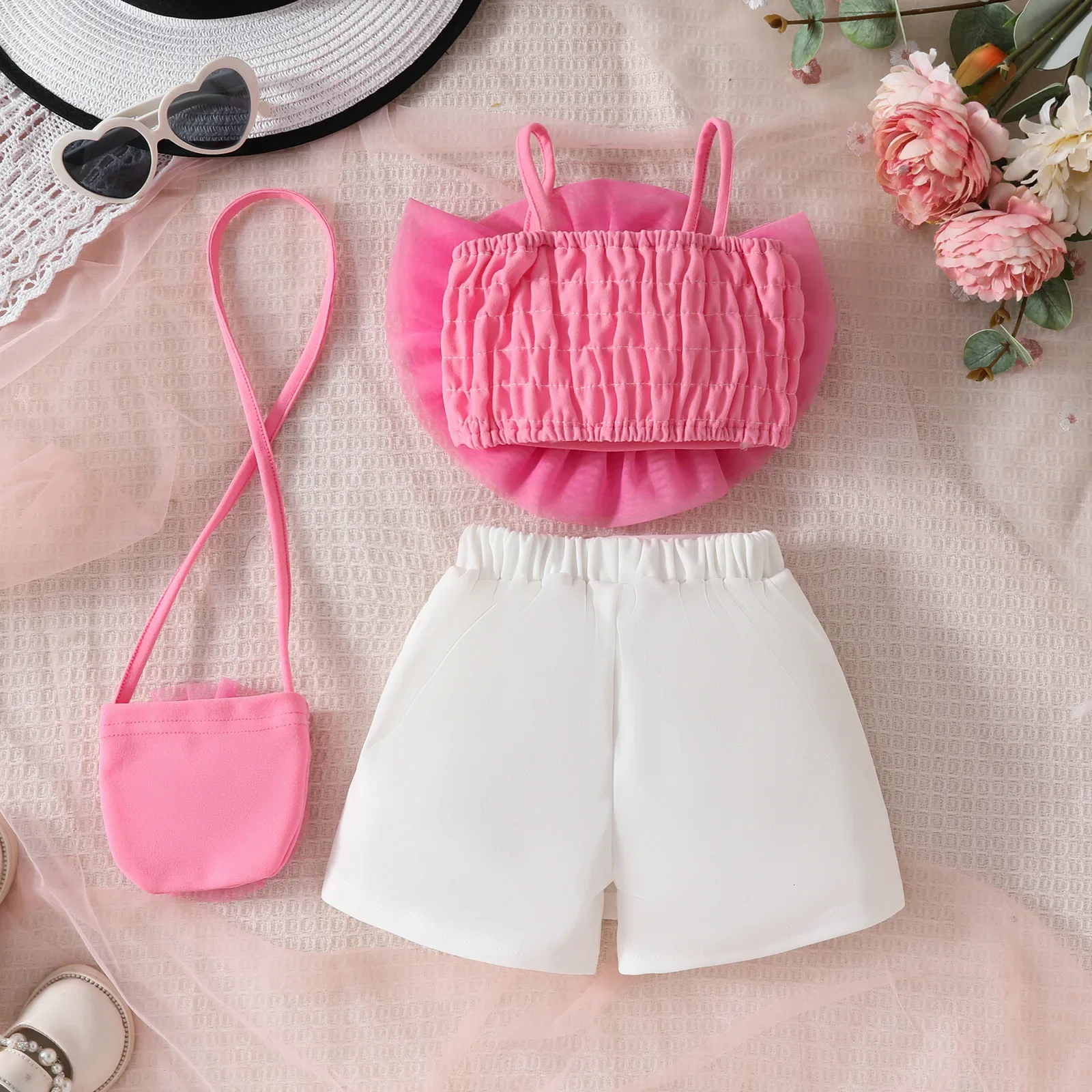 2025 Summer Girls Clothes Set Rose Camisole Tops White  Bow Shorts Matched Rose Bag 3 Pcs Kids Clothing Set