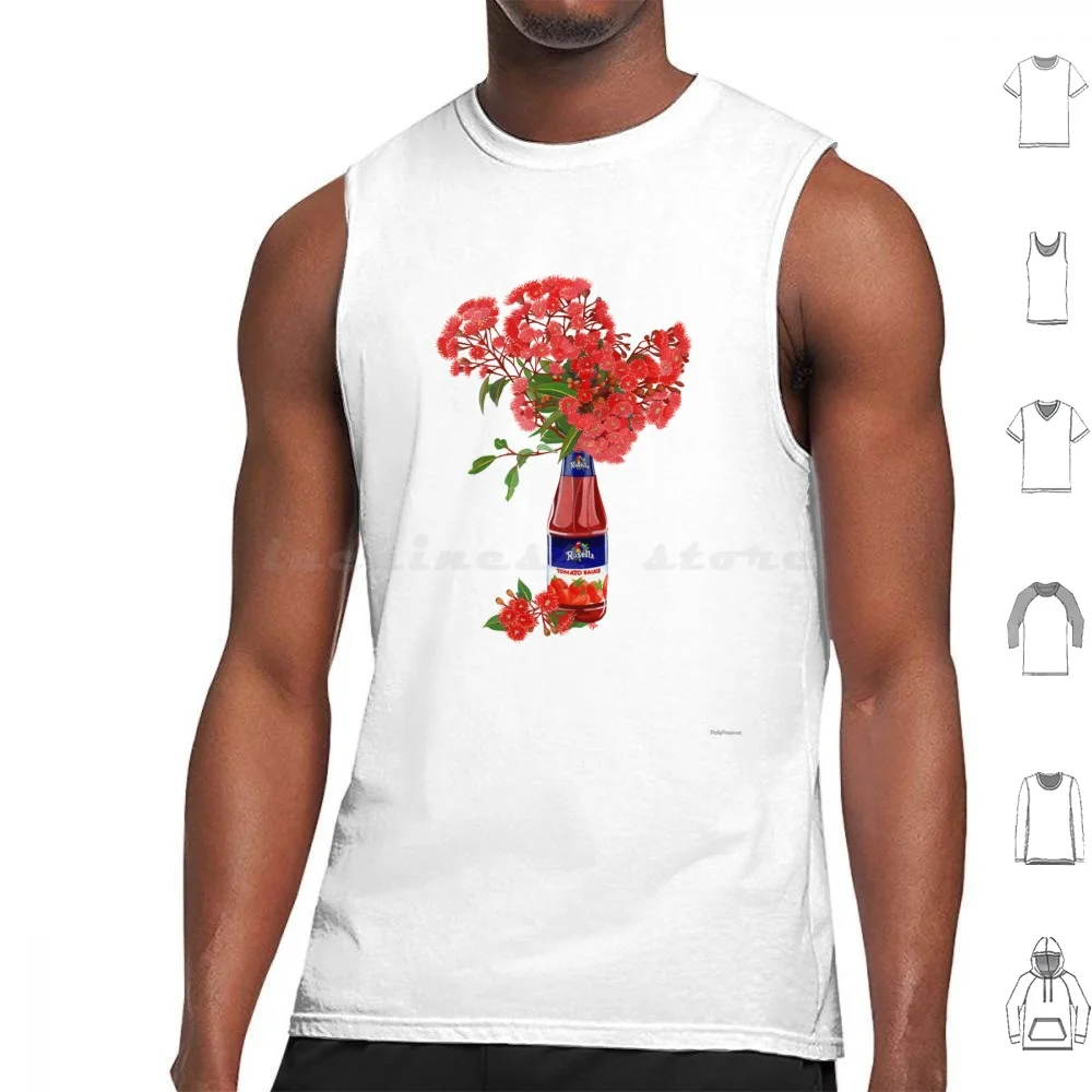 Rosella Salsa Ramo Camisetas sin mangas Algodón estampado Australiana Rosella Salsa de tomate Floración roja Goma Goma Eucalipto