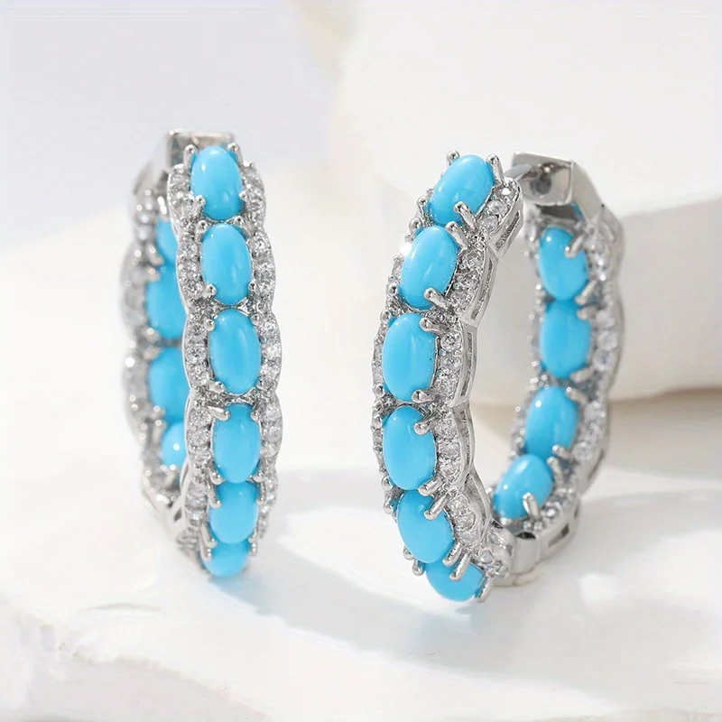 Modische, elegante, synthetische Türkisperlen-Creolen für Damen, klassische, versilberte, runde Ohrringe, Trendschmuck