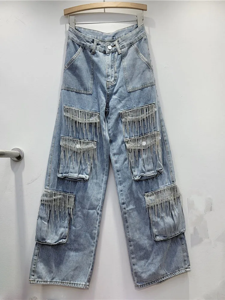 

Heavy Industry Tassel Rhinestone Pocket Overalls Women 2024 Autumn Winter New American Hot Girl Straight Loose Wide Leg Jeans