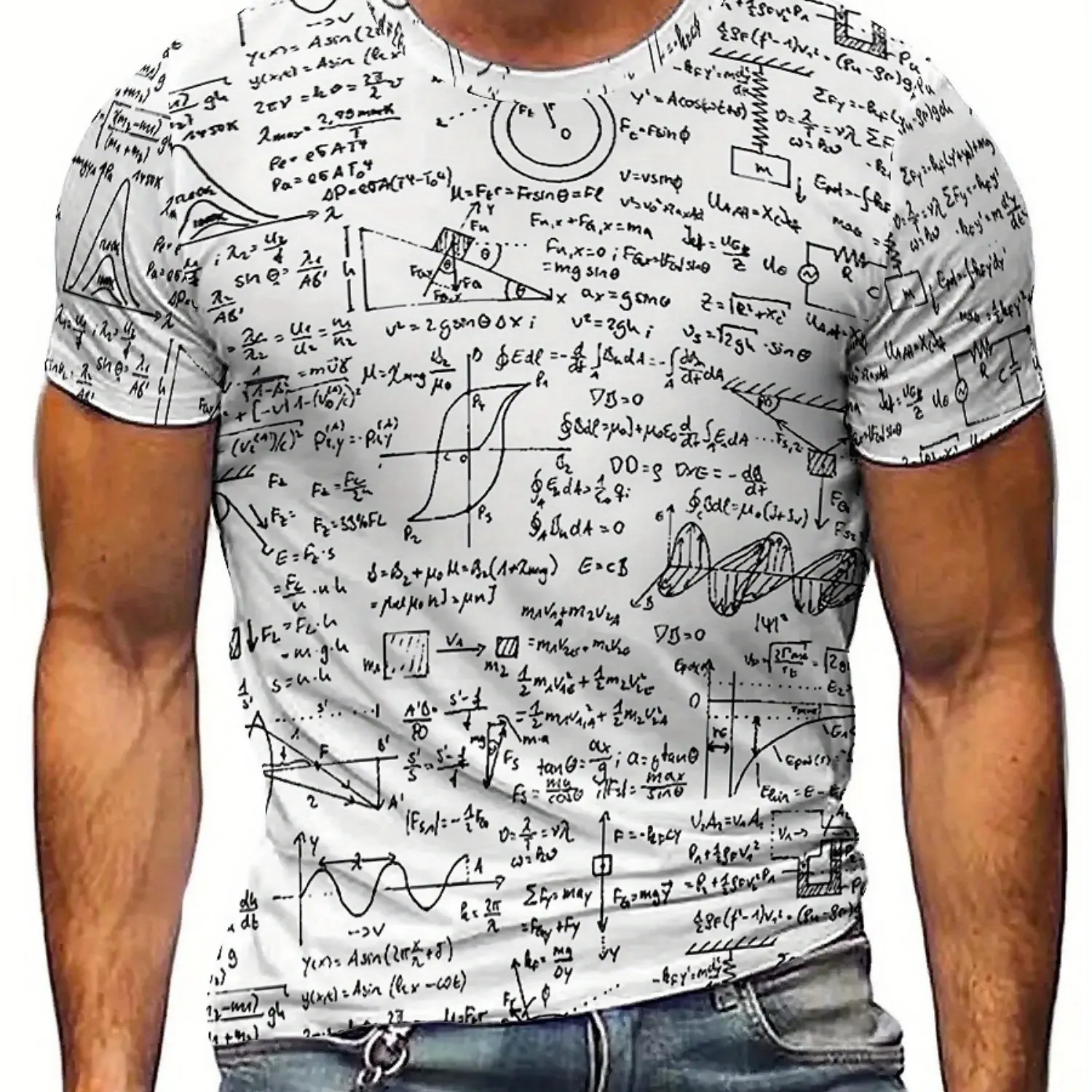 Men's 3D Geometric Print Short Sleeve T-Shirt - Soft Polyester Fabric, Round Neck, White with Black & Gray Formula Design
