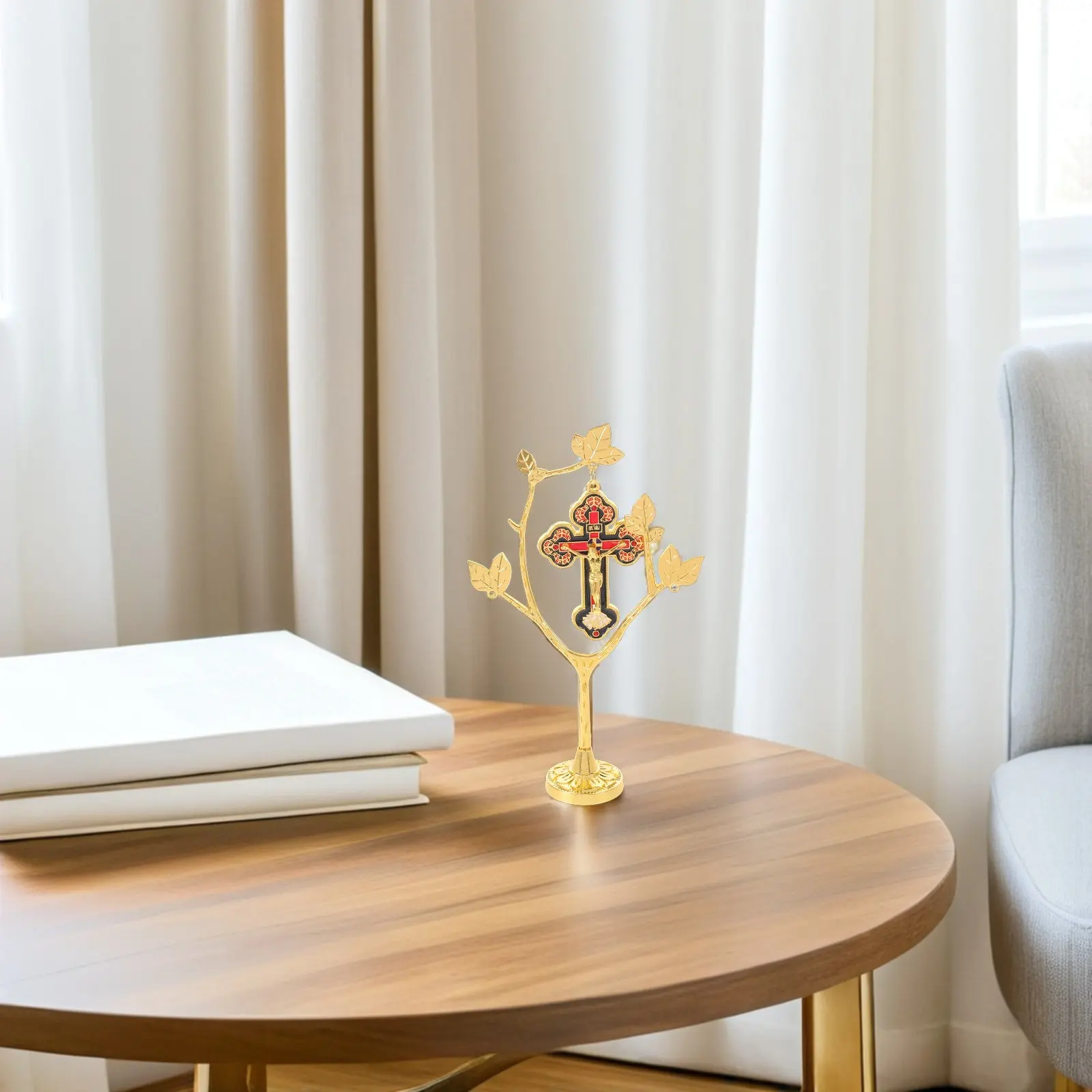 Gold Metal Standing Cross Centerpiece Ornate Spiritual Home Decor Baptism Memorial Gift Keepsake
