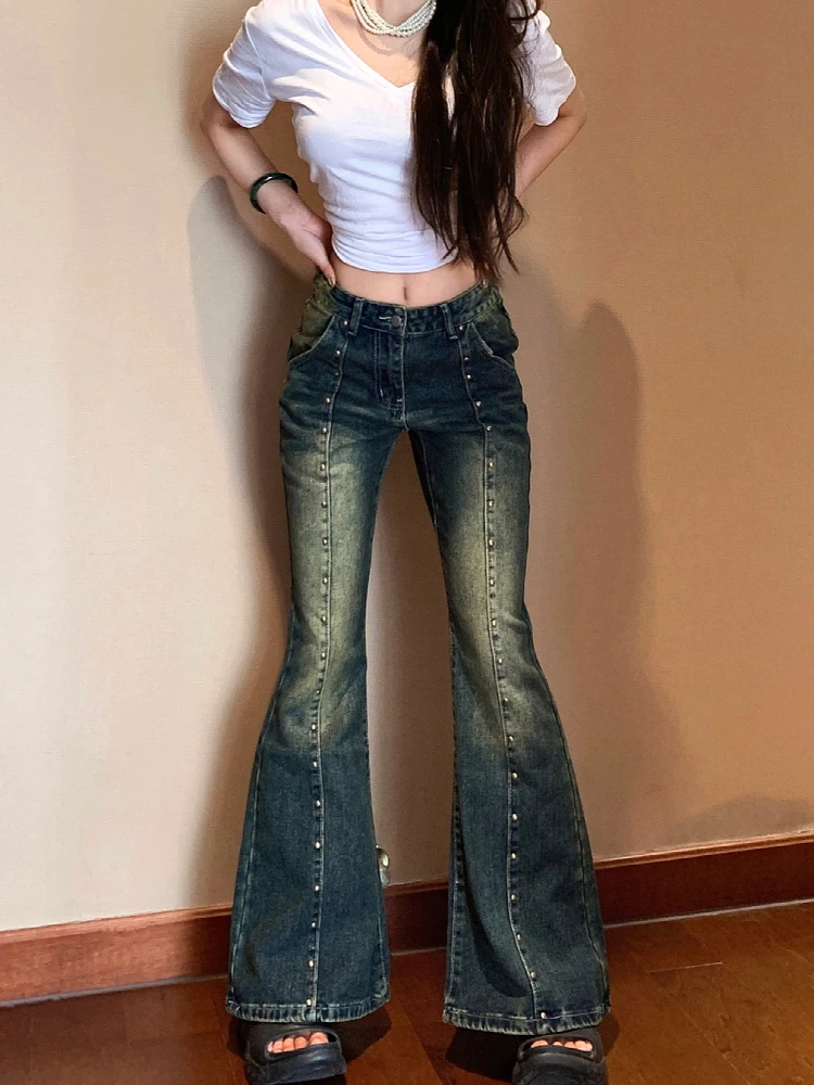 

Y2K Design Beaded Micro Flared Denim Jeans Women's Summer High Waist Slimming Pants Large Size Comfortable Retro American Sle
