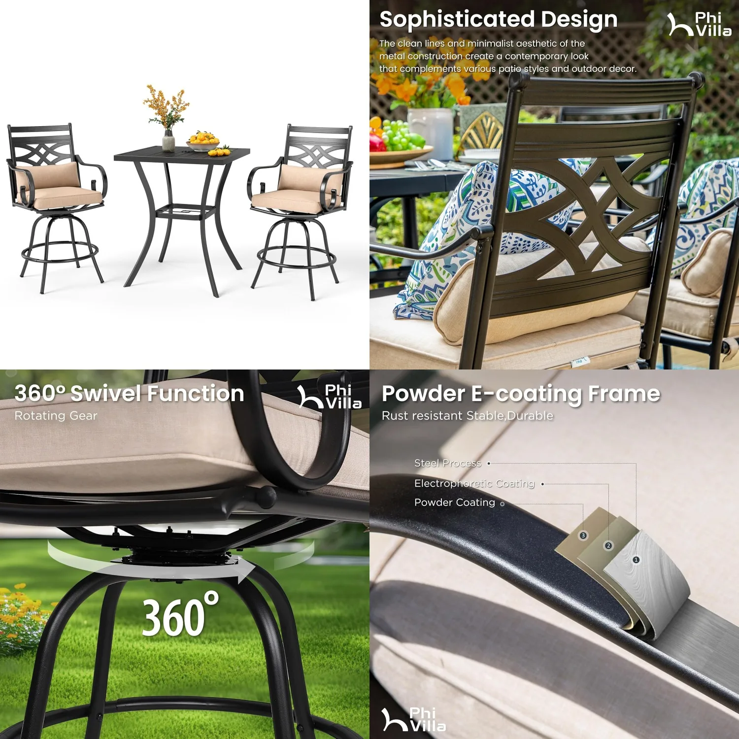 

3 Piece Patio Bar Set Outdoor Heavy Duty Swivel Stools Cushions Pillows Square Bar Height Table, Customized