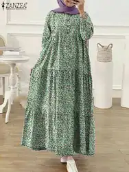 ZANZEA Floral Print Muslim Long Dresses Women Islamic Hijab Casual Long Sleeve O Neck Tiered Abaya Robes Elegant Loose Vestidos