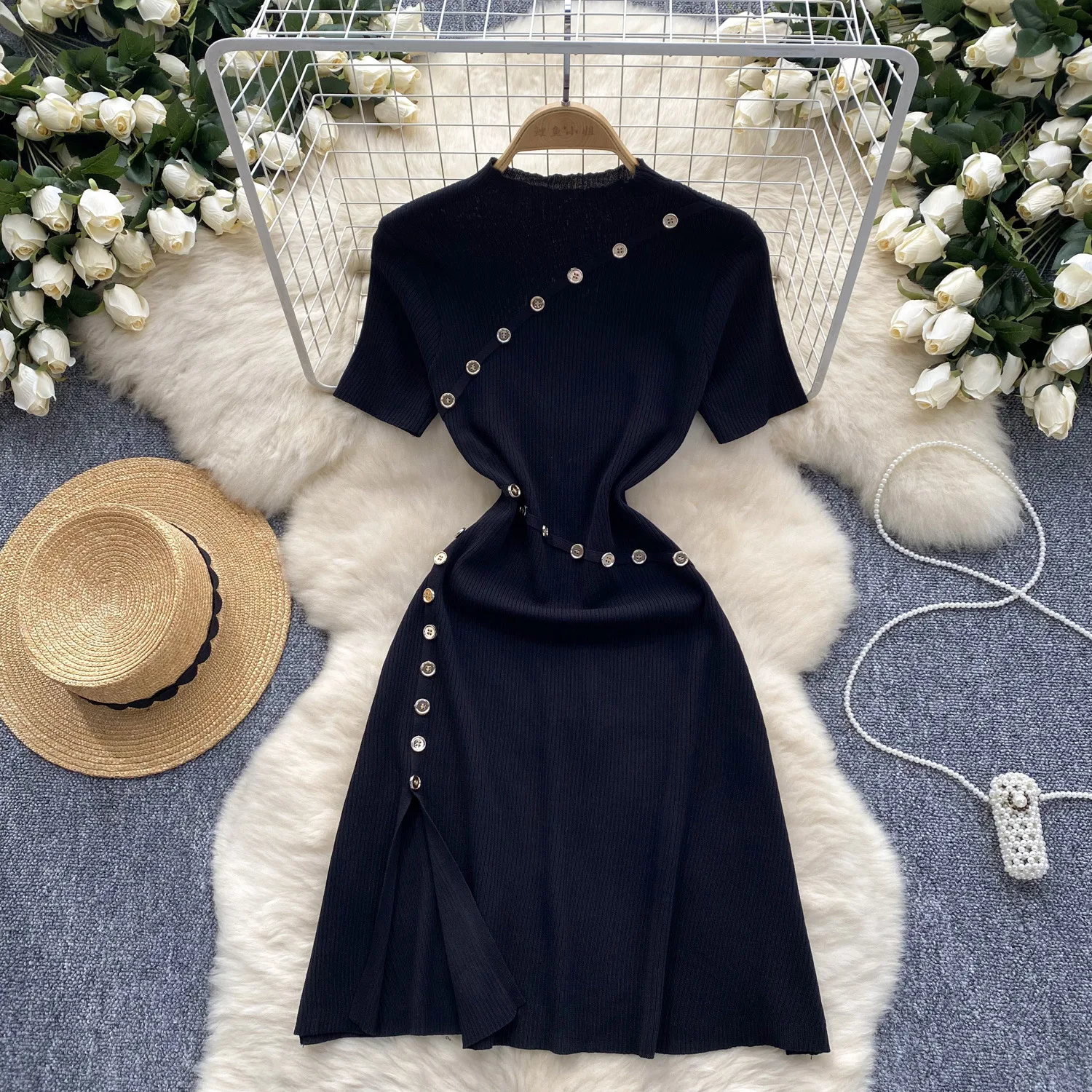 

Mid Length Dress Women Dresses Mock Neck Short Sleeve Vestidos Knitted Elegant Splice Y2k Bodycon High Waist Slim Party Club