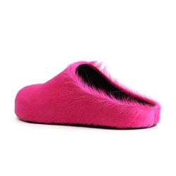 Real Leather fur Slides Slippers Women Mule Runway Flats Thick Sole Leisure,Luxury Designer Brand 2023 Horsehair Shoes Slides