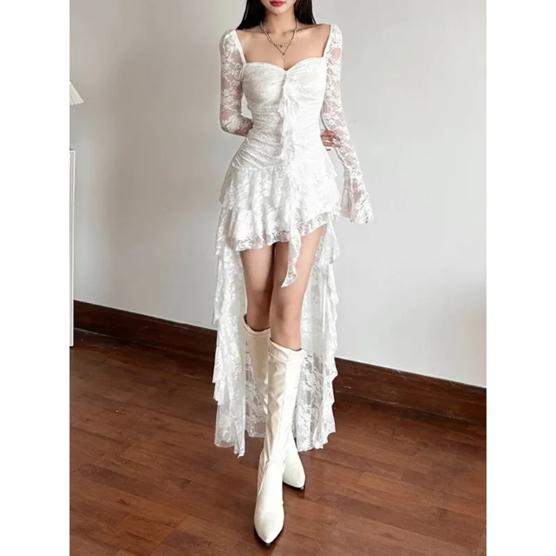 

2026 Dress Women Vintage Aesthetic Elegant Sweet Sexy See Through Irregular Hem High Waist Corset Dress