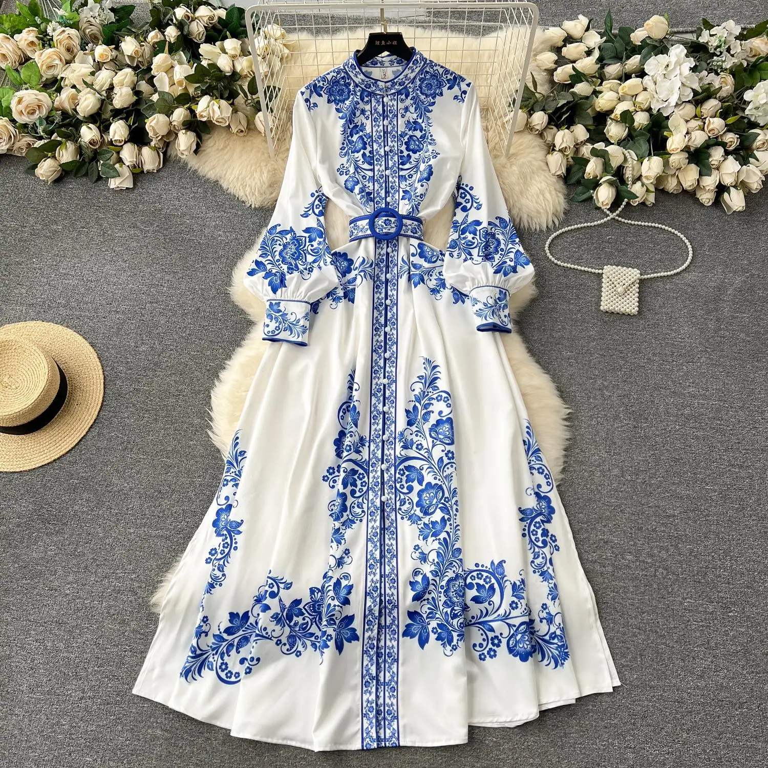 New Fashion Runway Red And White Porcelain Dress Women's Stand Long Lantern Sleeve Blue Floral Print Shirt Robe Vestidos 2377