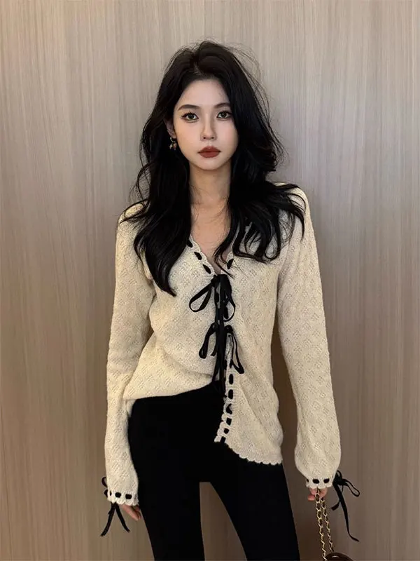 

Spring Season Knitted Sweater Women's Sle Loose Fit Korean Faion Soft Texture Long Sve V-Ne Wrap Belt High Class Fee...