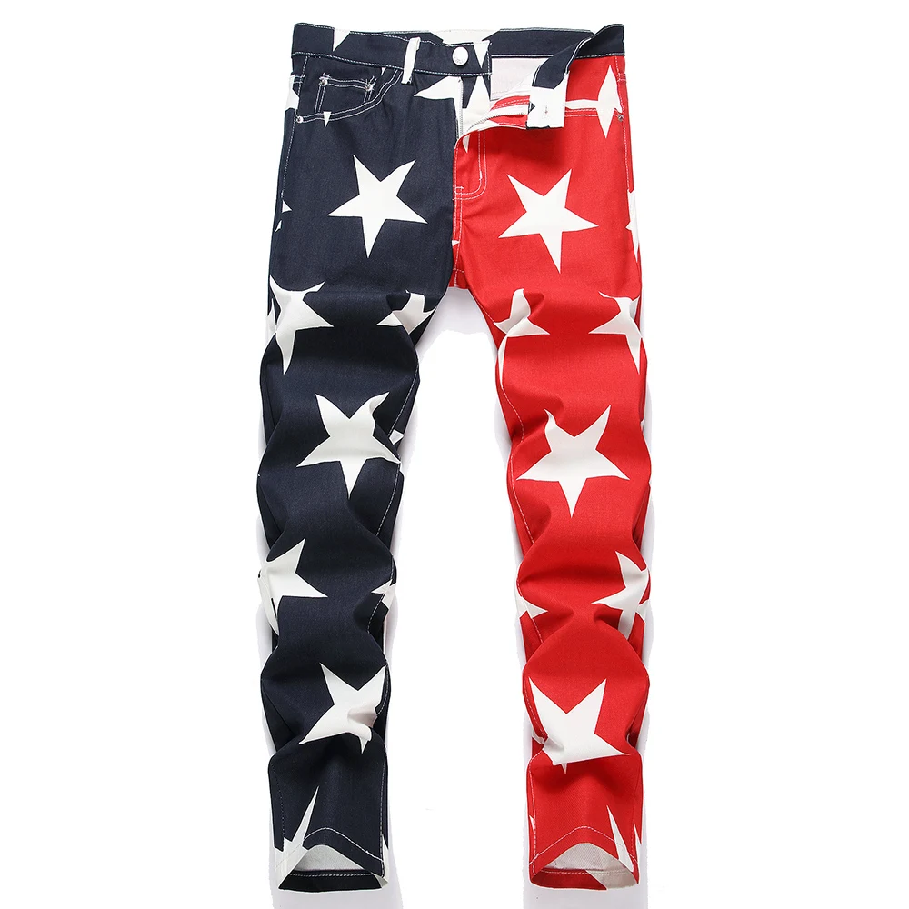 Men's Stars Print Jeans Fashion Blue Red Spliced Pants Slim Straight Cotton Denim Trousers