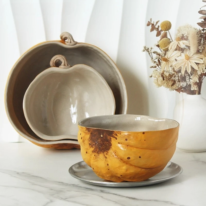 

Creative handmade ceramic pumpkin bowls plates,household rice bowls yogurt bowls,table art decoration,Halloween decoration props