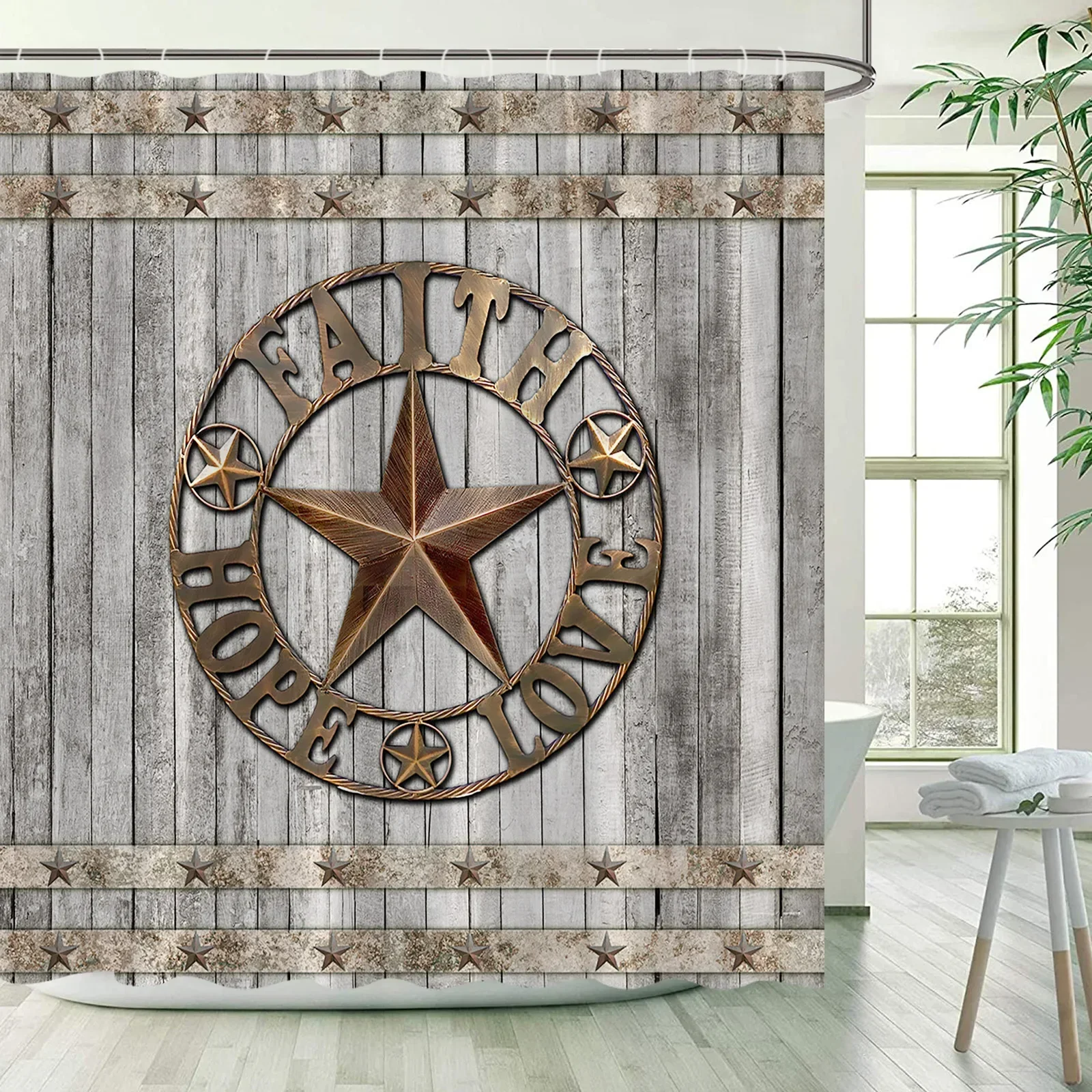 Vintage Grey Wooden Plank Shower Curtains Rustic Farm Retro Board Texas Star Bath Curtain Fabric Home Bathroom Decor with Hooks