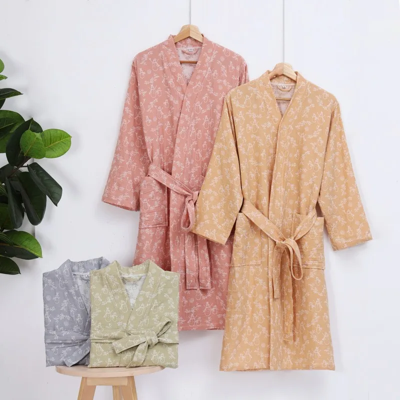 

Fashion Floral Printed Long Sleeve Loose Kimono 100% Cotton Gauze Robe Pajama Women New Ins Home Bathrobe Basic Hotel Spa Robes