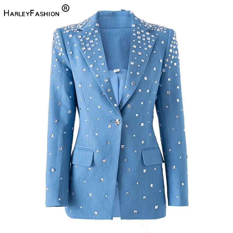 

Fine Workmanship Rhinestone Beading Women European Style Notched Long Sleeve Single Button Lady Solid Slim Blazer