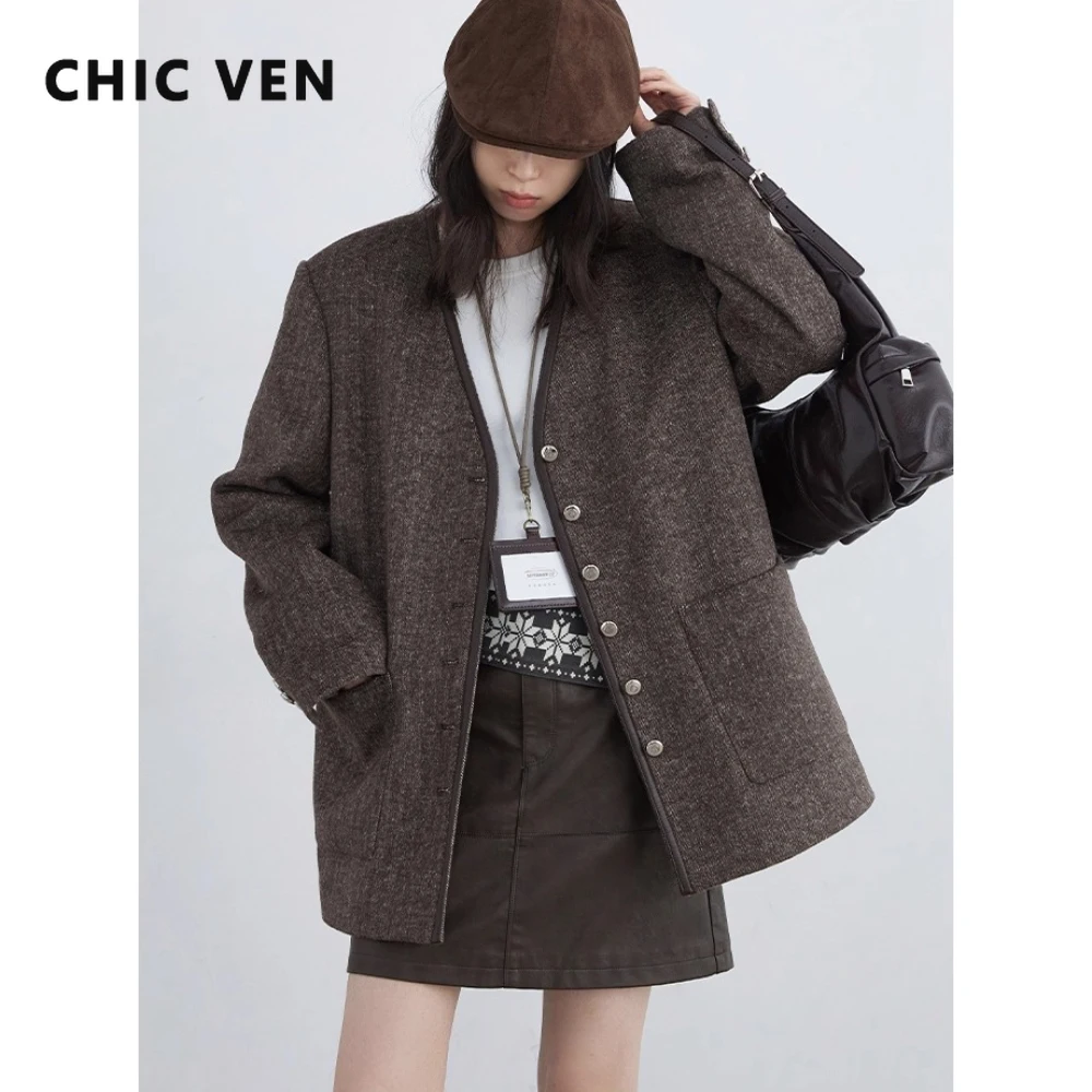 

CHIC VEN New Women Woolen Coat V Neck Single-breasted Loose Casual Retro Mid-length Female Quilted Jacket Autumn Winter 2025