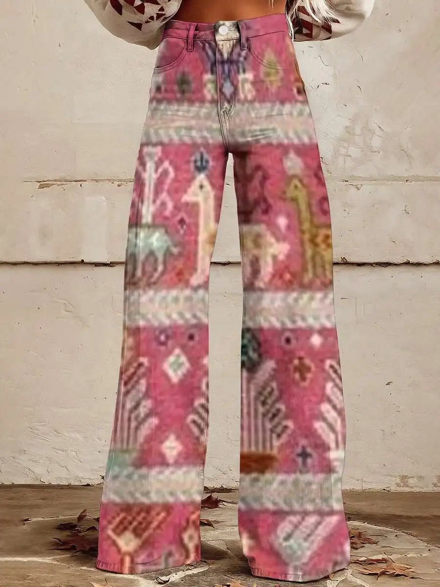 

Womens Wide Leg Jeans With Abstract Pattern Casual Summer Denim Pants