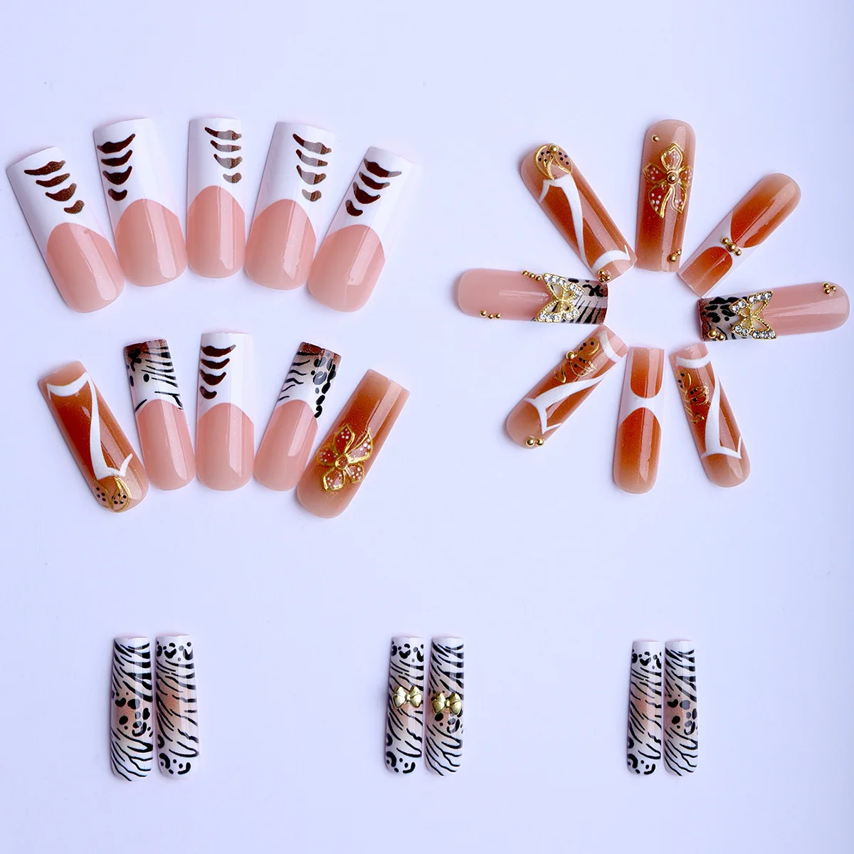 24 pièces faux ongles rayures taches fleurs diamants presse sur ongles carré Cool embelli imprimé léopard or perle conception faux ongles