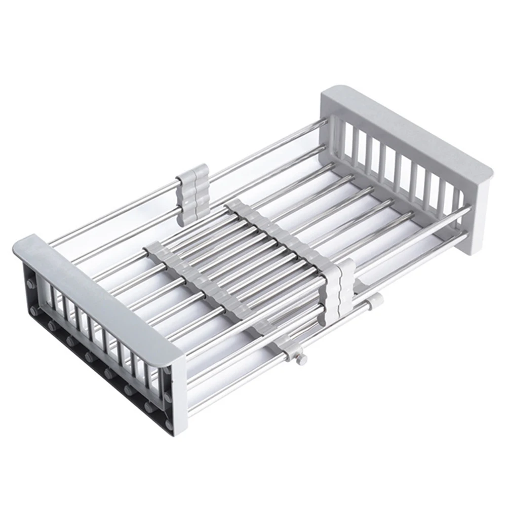 Stainless Steel Sink Rack Telescopic Drain Basket Dishes Drying Rack Kitchen Organizer