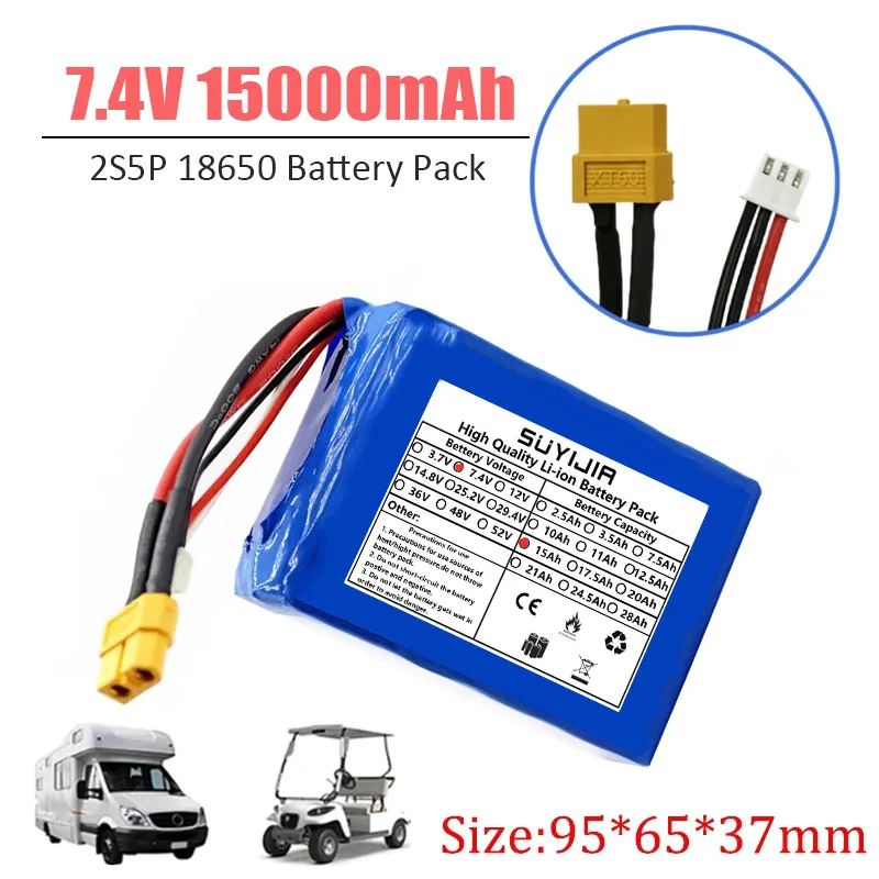 

18650 2S5P 7.4V 15Ah Rechargeable Lithium Ion Battery Pack XT60 XH2.54-3P Plug，For Various RC Airplane Quadrotor