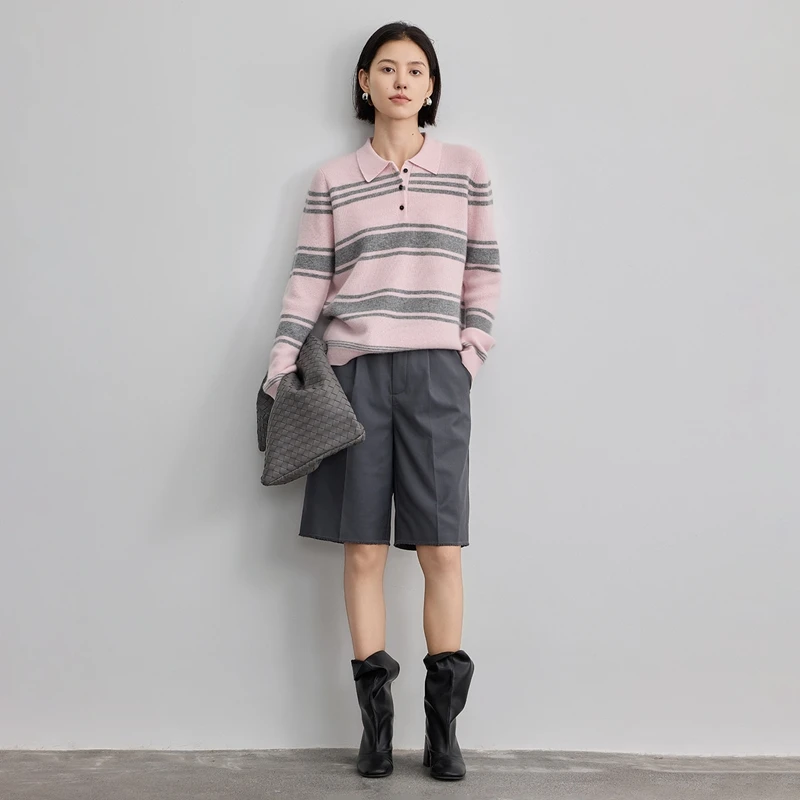 秋冬レディース100％カシミヤセーターポロカラーレトロストライプパーカーソフト快適暖かい高級カシミヤニット服