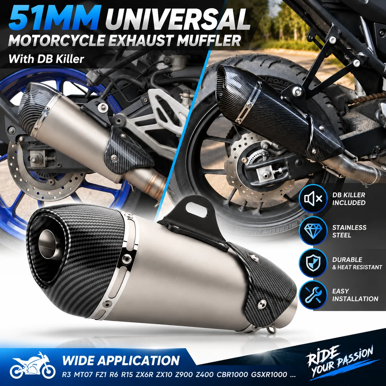 Silenziatore di scarico universale da 51 mm per moto ZX6R ZX10 Z900 Z400 1000 R3 MT07 FZ1 R6…