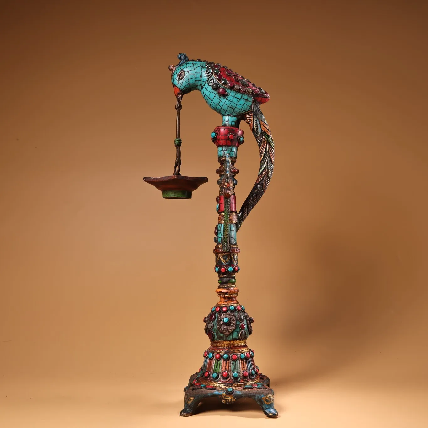 

13"Old Xizang Folk Collection Bronze Painted Outline in gold Mosaic Gem Turquoise Bird statue Hanging Oil lamp Worship Hall