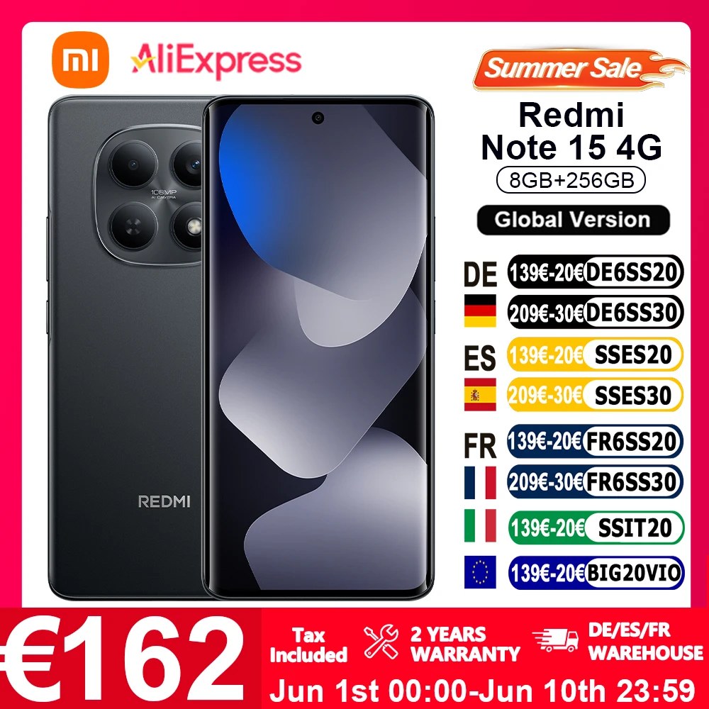 Version globale du smartphone Xiaomi Redmi Note 15 4G, écran 6,77 pouces FHD, charge turbo 33W, batterie 6000 mAh, appareil photo principal 108 MP, IP64, Bluetooth 5.3, NFC