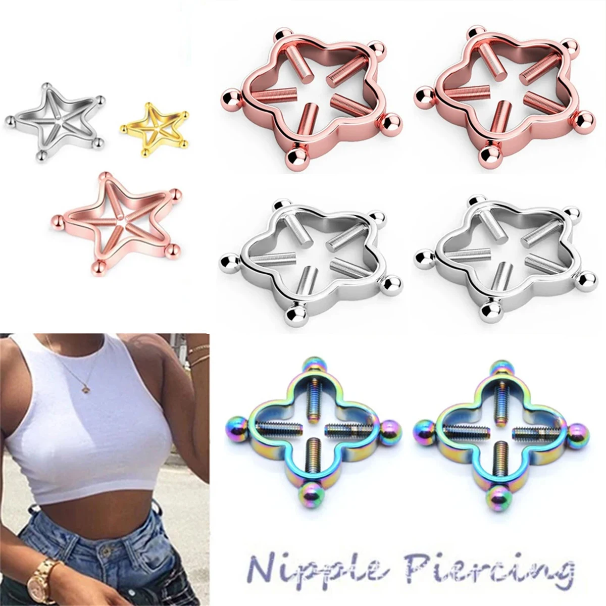 

2Pcs 316L Stainless Steel Adjustable Nipple Rings for Women, Star Shaped Flower Shaped Clip On Nipple Ring Fake Piercing Jewelry