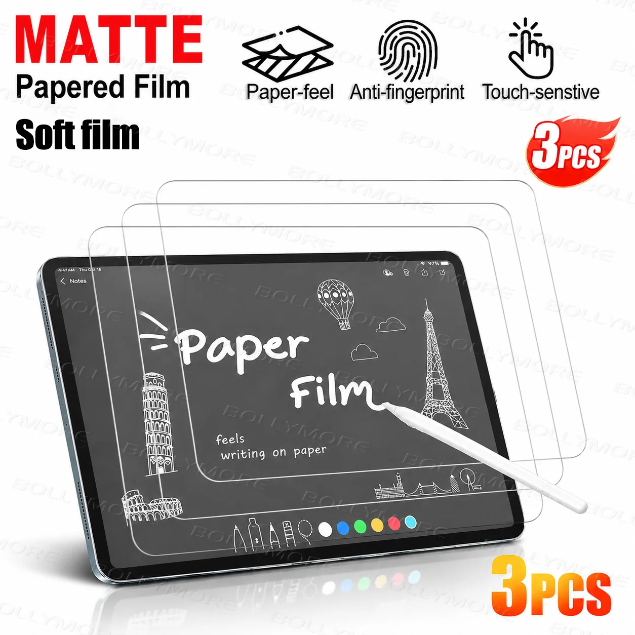 3Pack, Suitable For iPad, Paper Based Writing And Painting Film Highly Sensitive Touch Easy To Install Tablet Screen Protector
