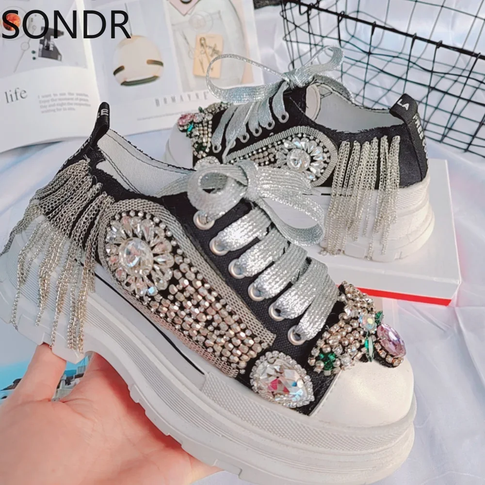 Womens Round Toe Rhinestones Sneakers Platform DIY Tassels Diamonds Casual High Heel Girls Gift Shoes Sport