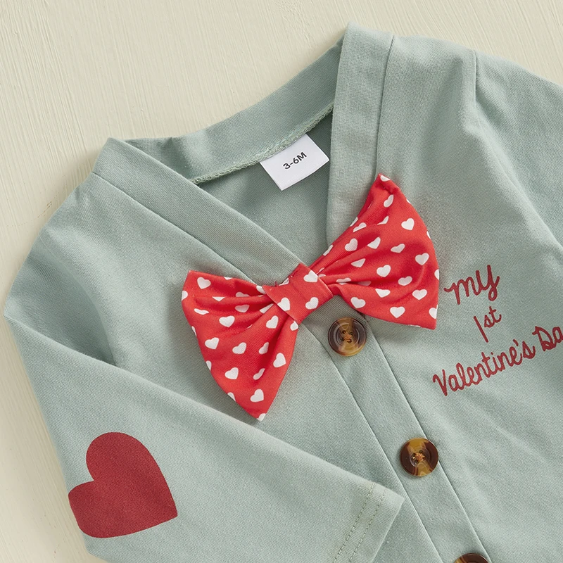 

Valentine s Day Baby Boy Gentleman Suit Set with Letter Bow Tie Long Sleeve V-Neck Romper Heart Print Pants - Adorable Outfit