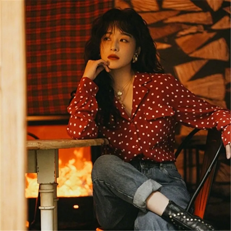 Clothland Women Fashion Red Polka Dot Blouse Notched Collar Long Sleeve Classic Shirt Female Office Wear Tops Mujer LB275