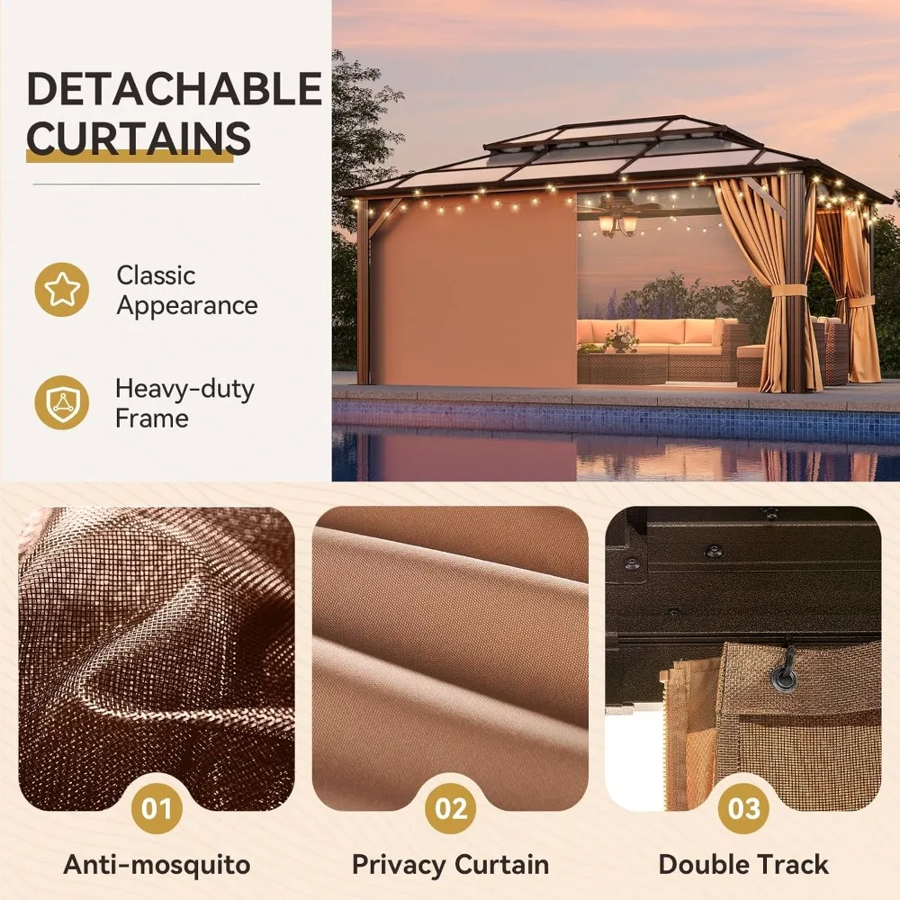 

12'x16' Hardtop Gazebo, Outdoor Metal Gazebo with Double Polycarbonate Roof Canopy, Permanent Pavilion, Customized