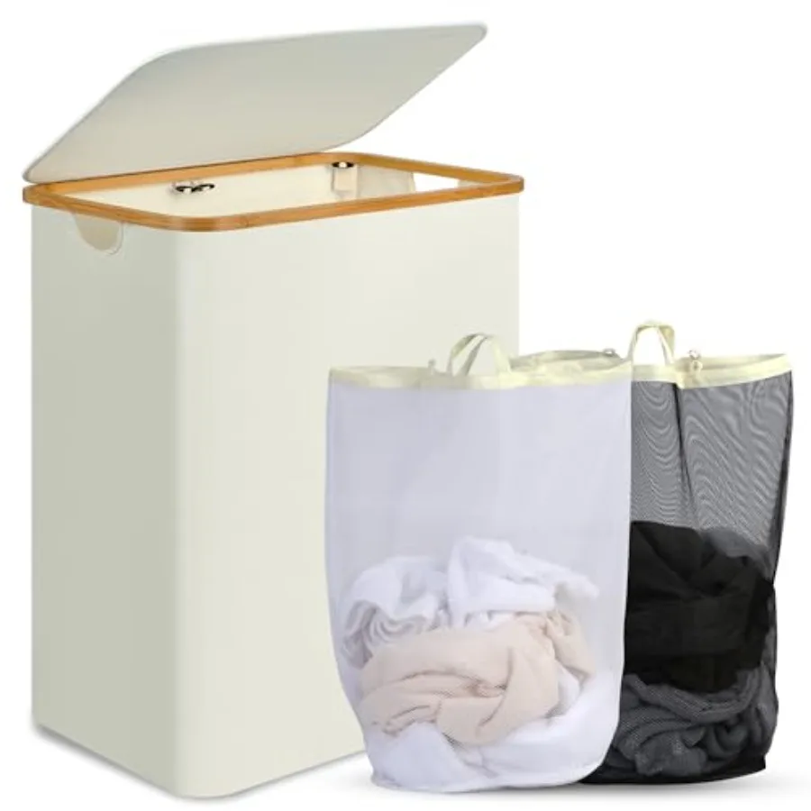 

Корзина для белья с крышкой, высокая корзина для белья с бамбуковыми ручками для одежды и игрушек, складная корзина для белья с 2 внутренними мешками