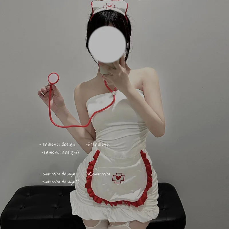 Sexy Strapless See Through Nurse Uniform Temptation White Short Dress Hot Passion Suit Role Play Exotic Kawaii Lingerie Cosplay