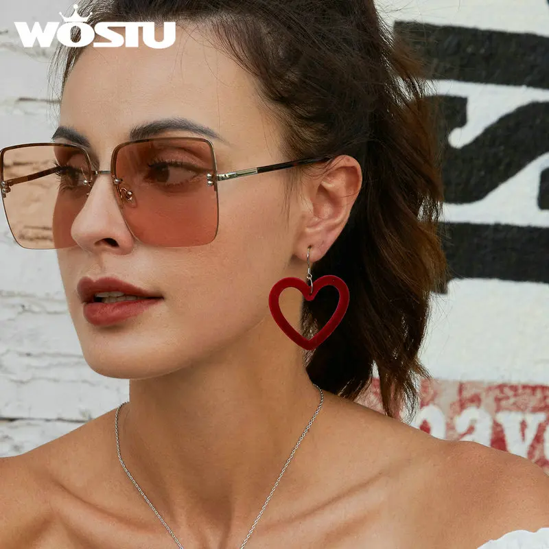 WOSTU 925 Sterling Silver Huge Red Heart Drop Dangle Earrings For Women Unique Velvet Heart-shaped Acrylic Statement Earrings